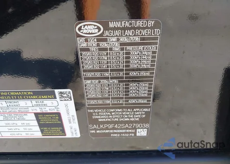 2025 Land Rover Range Rover P550E Se z USA, uszkodzony, nr VIN SALKP9F42SA279038